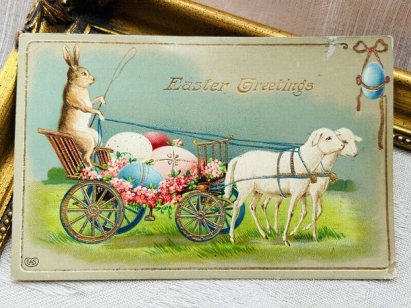 画像2: Postcard　アンティークポストカード　イースター 　羊車で卵を運ぶうさぎ (2)