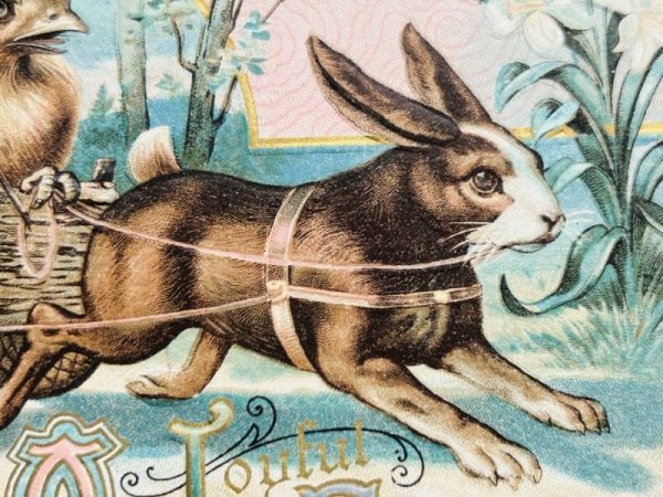 画像4: Postcard　アンティークポストカード　イースター 　ウサギ車とヒヨコの御者　うさぎ　（未使用） (4)