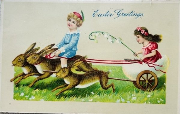 画像1: Postcard　アンティークポストカード　イースター 　ウサギ車に乗る子どもたち　スズラン　アメリカ1919年 (1)