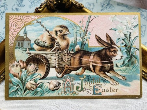 画像2: Postcard　アンティークポストカード　イースター 　ウサギ車とヒヨコの御者　うさぎ　（未使用） (2)