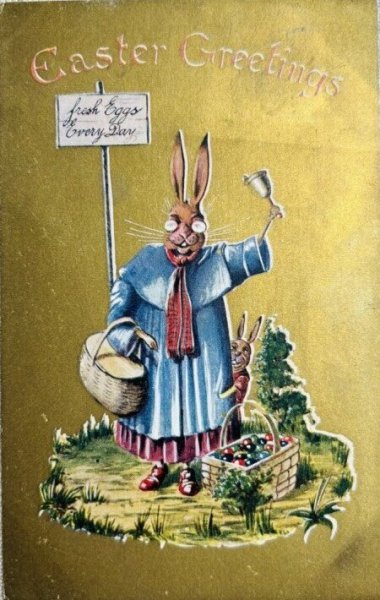 画像1: Postcard　アンティークポストカード　イースター 　ベルをならす卵売りのウサギさん　うさぎ　眼鏡　アメリカ1913年 (1)
