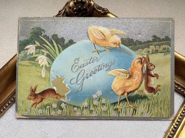 画像2: Postcard 　アンティークポストカード   イースター　ヒヨコにつまみ出されるウサギ　うさぎ　卵 (2)