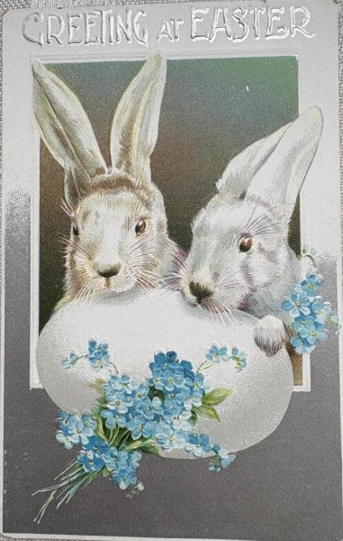 画像1: Postcard 　アンティークポストカード   イースター　卵とウサギと忘れな草のお花　うさぎ　兎　 (1)