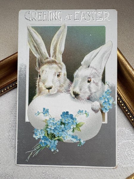 画像2: Postcard 　アンティークポストカード   イースター　卵とウサギと忘れな草のお花　うさぎ　兎　 (2)