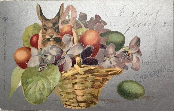 画像1: Postcard 　アンティークポストカード   イースター　バスケットの中の卵とウサギとスミレのお花　うさぎ　兎　1906年 (1)