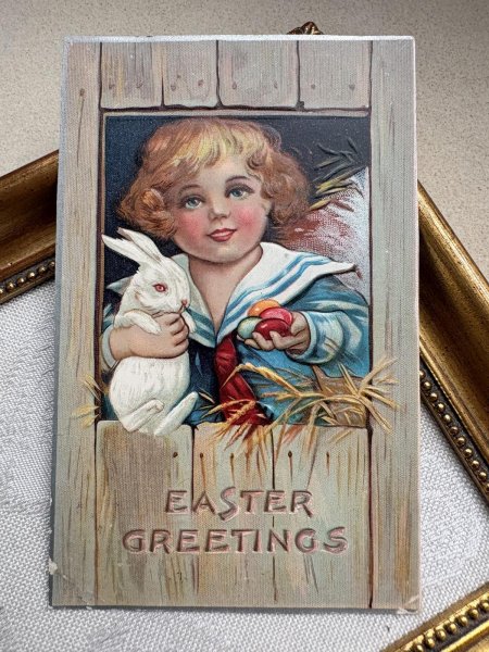 画像2: Postcard 　アンティークポストカード   イースター　ウサギとセーラー服の男の子　卵　うさぎ　兎　1909年 (2)