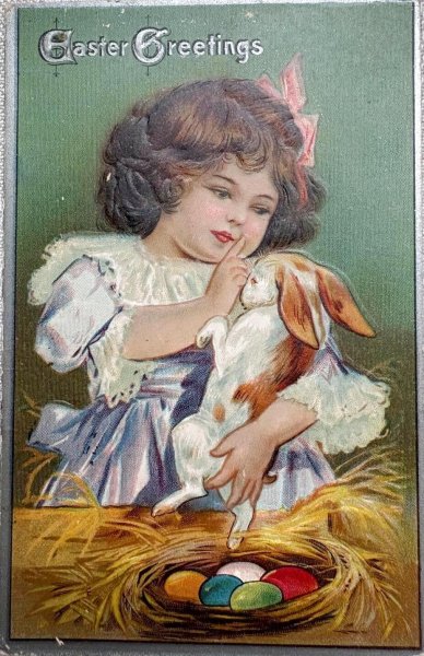 画像1: Postcard 　アンティークポストカード   イースター　ウサギと女の子　卵　うさぎ　兎　1909年 (1)