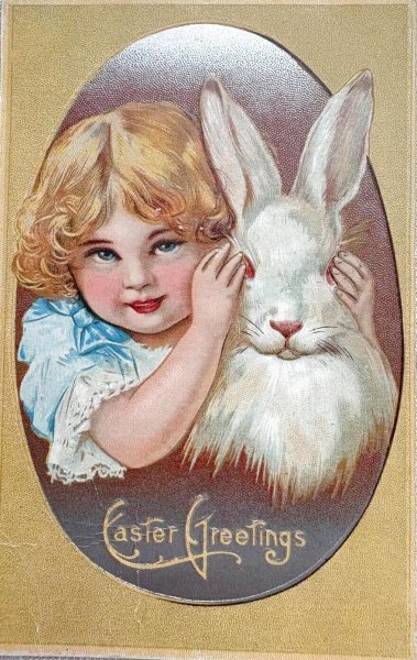 画像1: Postcard 　アンティークポストカード   イースター　ウサギに目隠しをする女の子　卵　うさぎ　兎　1909年 (1)