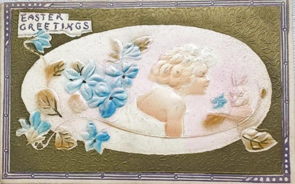 画像1: Postcard 　アンティークポストカード   イースター　ウサギと女性　スミレ　卵　うさぎ　兎　1913年 (1)