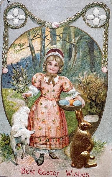 画像1: Postcard 　アンティークポストカード   イースター　ウサギと羊と女の子　卵　うさぎ　兎　メタル　 (1)
