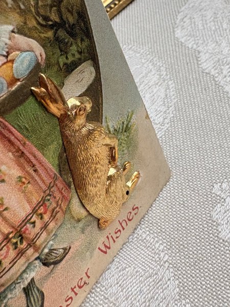 画像3: Postcard 　アンティークポストカード   イースター　ウサギと羊と女の子　卵　うさぎ　兎　メタル　 (3)