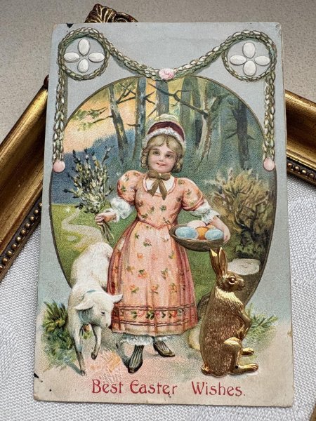 画像4: Postcard 　アンティークポストカード   イースター　ウサギと羊と女の子　卵　うさぎ　兎　メタル　 (4)