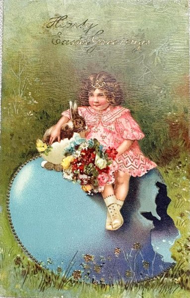 画像1: Postcard 　アンティークポストカード   イースター　大きな卵とウサギと女の子　卵　うさぎ　兎　（未使用） (1)