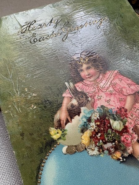 画像3: Postcard 　アンティークポストカード   イースター　大きな卵とウサギと女の子　卵　うさぎ　兎　（未使用） (3)