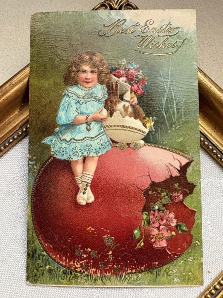 画像2: Postcard 　アンティークポストカード   イースター　大きな卵とウサギと女の子　卵　うさぎ　兎　（未使用） (2)