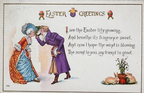 画像1: Postcard 　アンティークポストカード   イースター　挨拶を交わす二人　ヒヨコ　卵　うさぎ　兎　1915年 (1)