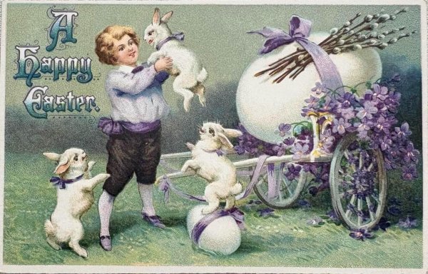 画像1: Postcard 　アンティークポストカード   イースター　ウサギと男の子　スミレ　卵　うさぎ　兎　1912年 (1)