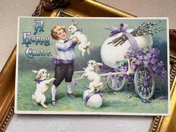 画像2: Postcard 　アンティークポストカード   イースター　ウサギと男の子　スミレ　卵　うさぎ　兎　1912年 (2)