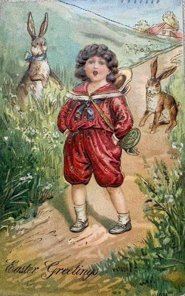 画像1: Postcard 　アンティークポストカード   イースター　ウサギと男の子　うさぎ　兎　アメリカ1908年 (1)