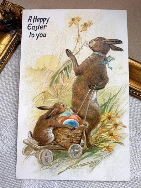 画像2: Postcard 　アンティークポストカード   イースター　卵を運ぶウサギの親子　兎　うさぎ　（未使用） (2)