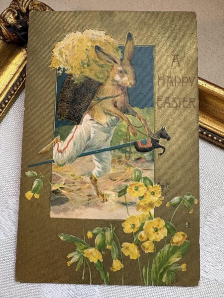 画像2: Postcard 　アンティークポストカード   イースター　黄色のお花を運ぶウサギ　木馬　兎　うさぎ　カウスリップ　1909年 (2)