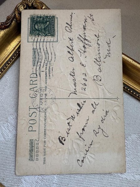 画像3: Postcard 　アンティークポストカード   イースター　黄色のお花を運ぶウサギ　木馬　兎　うさぎ　カウスリップ　1909年 (3)