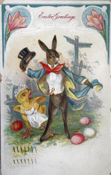 画像1: Postcard 　アンティークポストカード   イースター　ウサギの紳士とヒヨコのメイドさん　兎　うさぎ　1907年 (1)