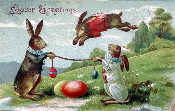 画像1: Postcard 　アンティークポストカード   イースター　ウサギの曲芸師さん　兎　うさぎ　アメリカ1910年 (1)