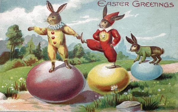 画像1: Postcard 　アンティークポストカード   イースター　ウサギの曲芸師さん　卵　兎　うさぎ　アメリカ1909年 (1)