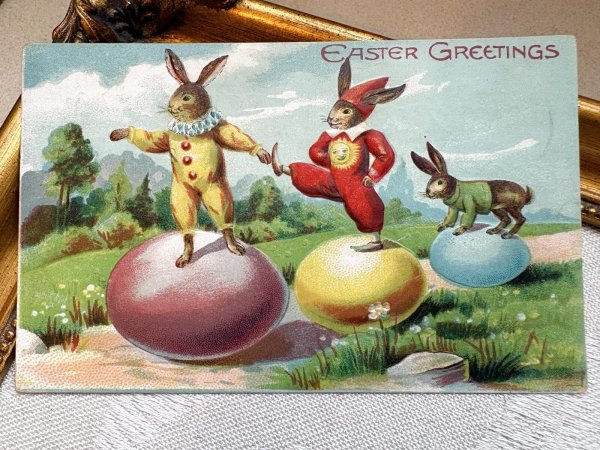 画像2: Postcard 　アンティークポストカード   イースター　ウサギの曲芸師さん　卵　兎　うさぎ　アメリカ1909年 (2)