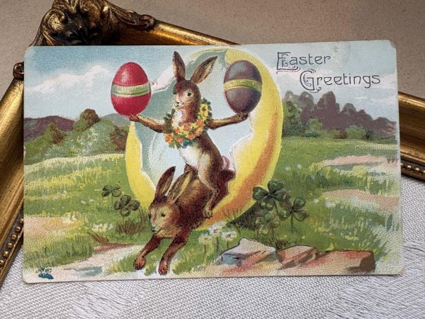 画像2: Postcard 　アンティークポストカード   イースター　ウサギの曲芸師さん　卵　兎　うさぎ　 (2)