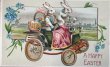 画像1: Postcard 　アンティークポストカード   イースター　自動車に乗る白ウサギさん　卵　兎　うさぎ　 (1)