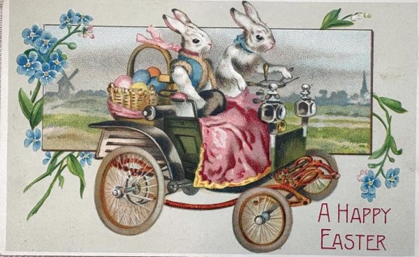 画像1: Postcard 　アンティークポストカード   イースター　自動車に乗る白ウサギさん　卵　兎　うさぎ　 (1)