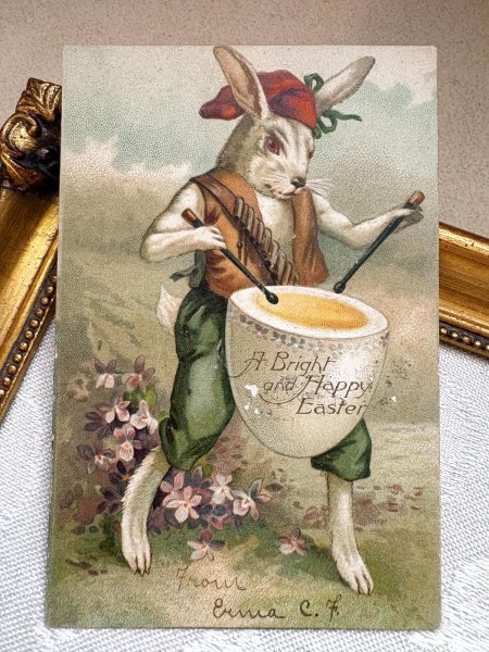 画像2: Postcard 　アンティークポストカード   イースター　卵のドラムを叩くウサギさん　卵　兎　うさぎ (2)