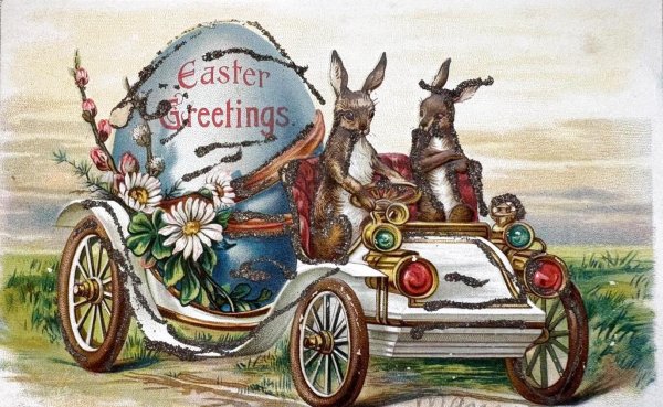 画像1: Postcard 　アンティークポストカード   イースター　自動車に乗るウサギさん　卵　兎　うさぎ (1)