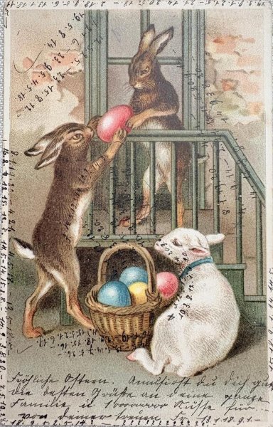 画像1: Postcard 　アンティークポストカード   イースター　卵を渡すウサギさん　羊　卵　兎　うさぎ　1908年 (1)