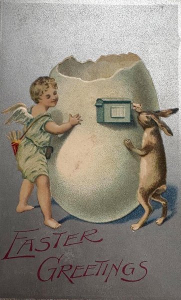 画像1: Postcard 　アンティークポストカード   イースター　大きな卵の郵便ポストに手紙を投函するウサギさんとキューピッド天使　兎　うさぎ　1908年 (1)