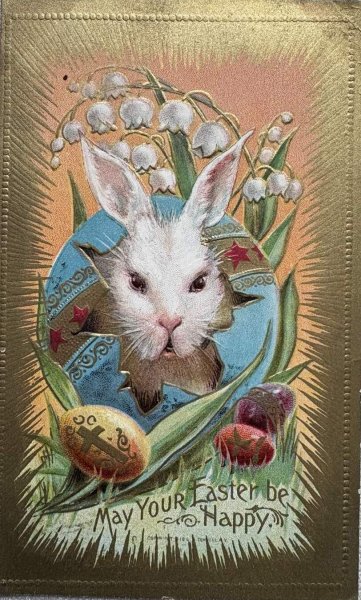 画像1: Postcard 　アンティークポストカード   イースター　卵の中のウサギさん　スズラン　兎　うさぎ　1910年 (1)