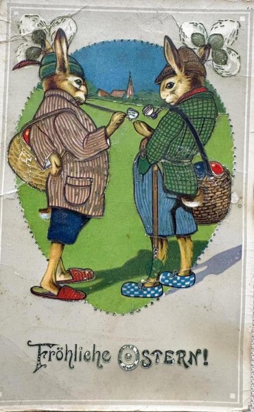 画像1: Postcard 　アンティークポストカード   イースター　パイプ煙草を吸うウサギさん　兎　うさぎ　ドイツ1928年 (1)