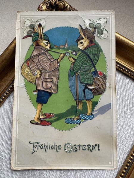 画像2: Postcard 　アンティークポストカード   イースター　パイプ煙草を吸うウサギさん　兎　うさぎ　ドイツ1928年 (2)