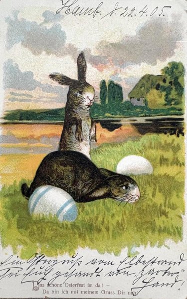 画像1: Postcard 　アンティークポストカード   イースター　ウサギさんと卵　兎　うさぎ　ドイツ1905年 (1)