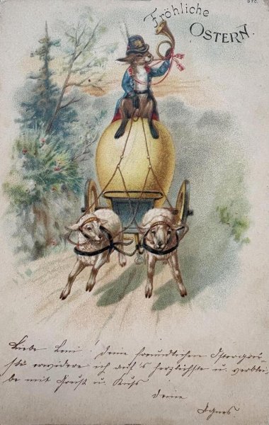 画像1: Postcard 　アンティークポストカード   イースター　ウサギさんが乗る卵の羊車　兎　うさぎ　スイス1906年 (1)