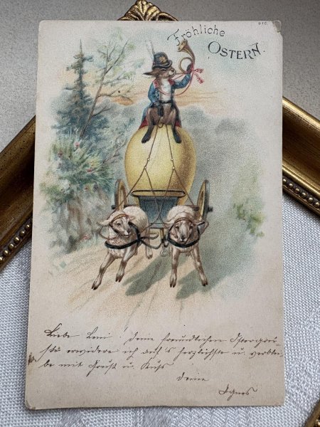 画像2: Postcard 　アンティークポストカード   イースター　ウサギさんが乗る卵の羊車　兎　うさぎ　スイス1906年 (2)