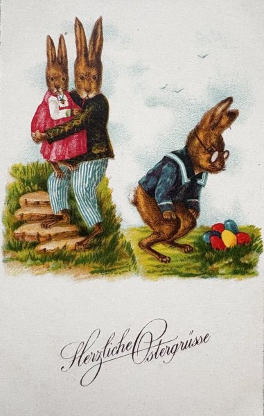 画像1: Postcard 　アンティークポストカード   イースター　卵とウサギの親子　兎　うさぎ　（未使用） (1)