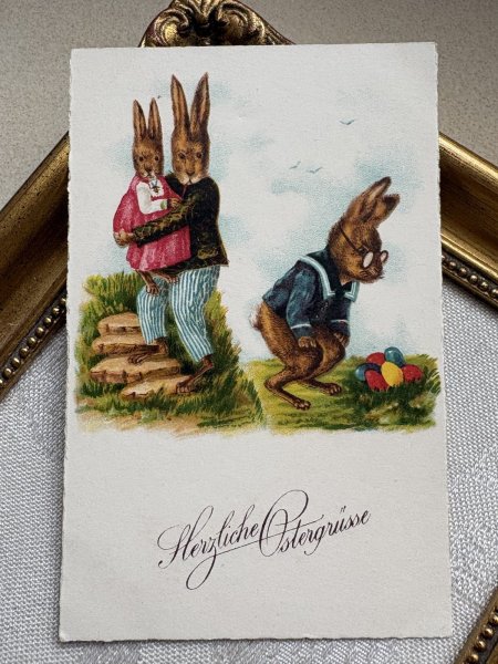 画像2: Postcard 　アンティークポストカード   イースター　卵とウサギの親子　兎　うさぎ　（未使用） (2)