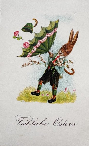 画像1: Postcard 　アンティークポストカード   イースター　傘とウサギさん　兎　うさぎ　（未使用） (1)