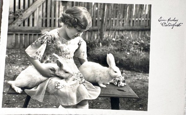 画像1: Postcard 　アンティークポストカード   イースター　女の子とウサギさん　兎　うさぎ　写真　（未使用） (1)