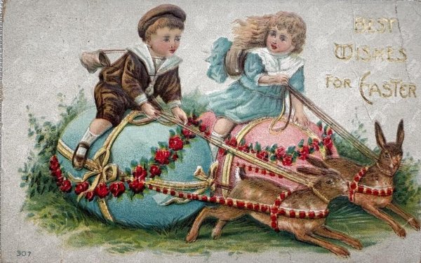 画像1: Postcard 　アンティークポストカード   イースター　ウサギの卵に乗る子どもたち　 (1)