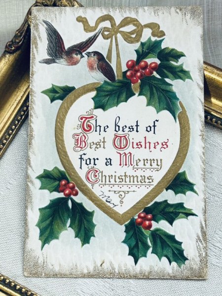 画像2: Postcard アンティークポストカード クリスマス 小鳥 ロビン ホーリー リボン (2)