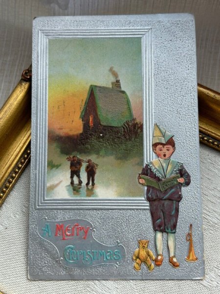 画像2: Postcard アンティークポストカード クリスマス 歌う男の子 テディベア ラッパ (2)